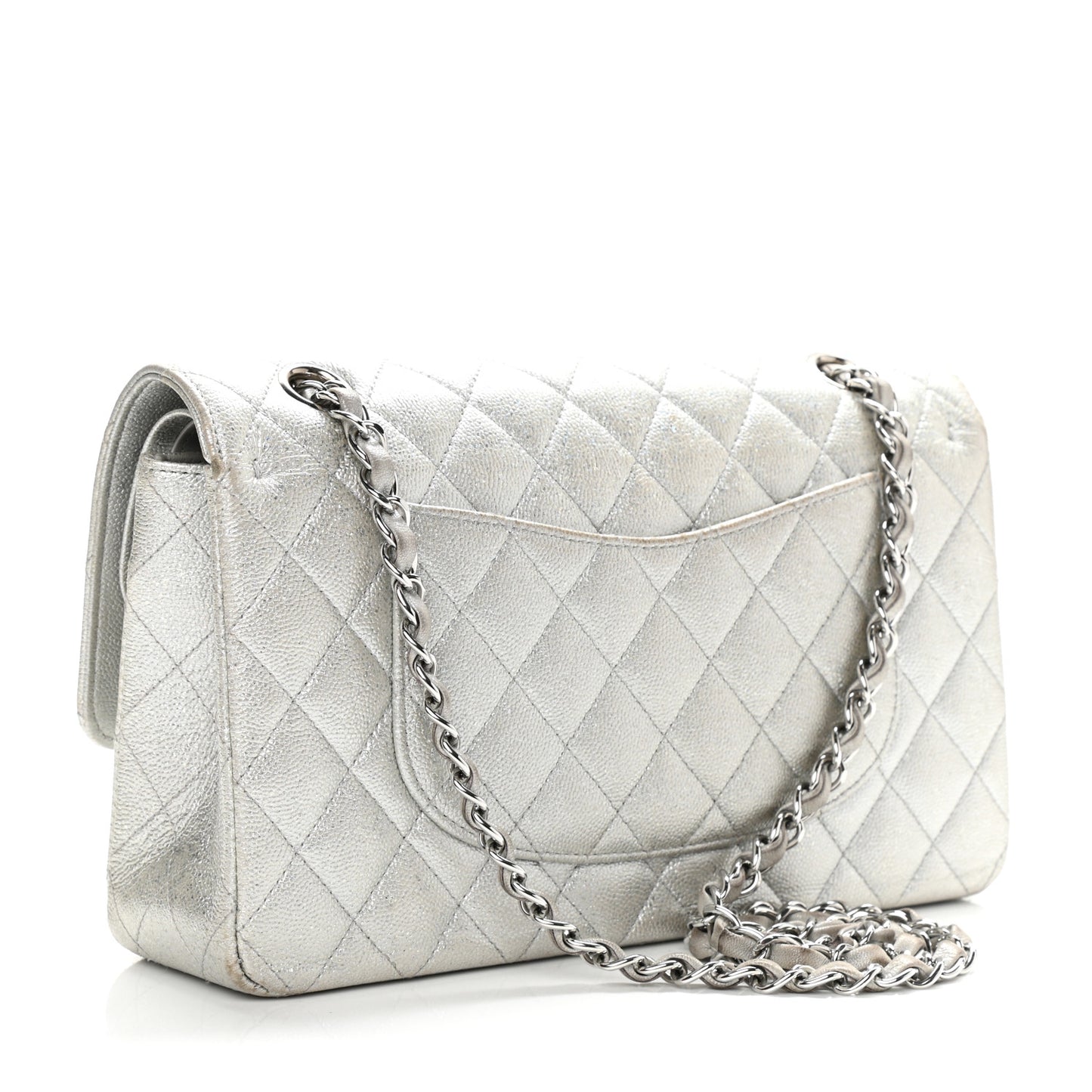 Glittered Metallic Caviar Quilted Medium Double Flap Silver