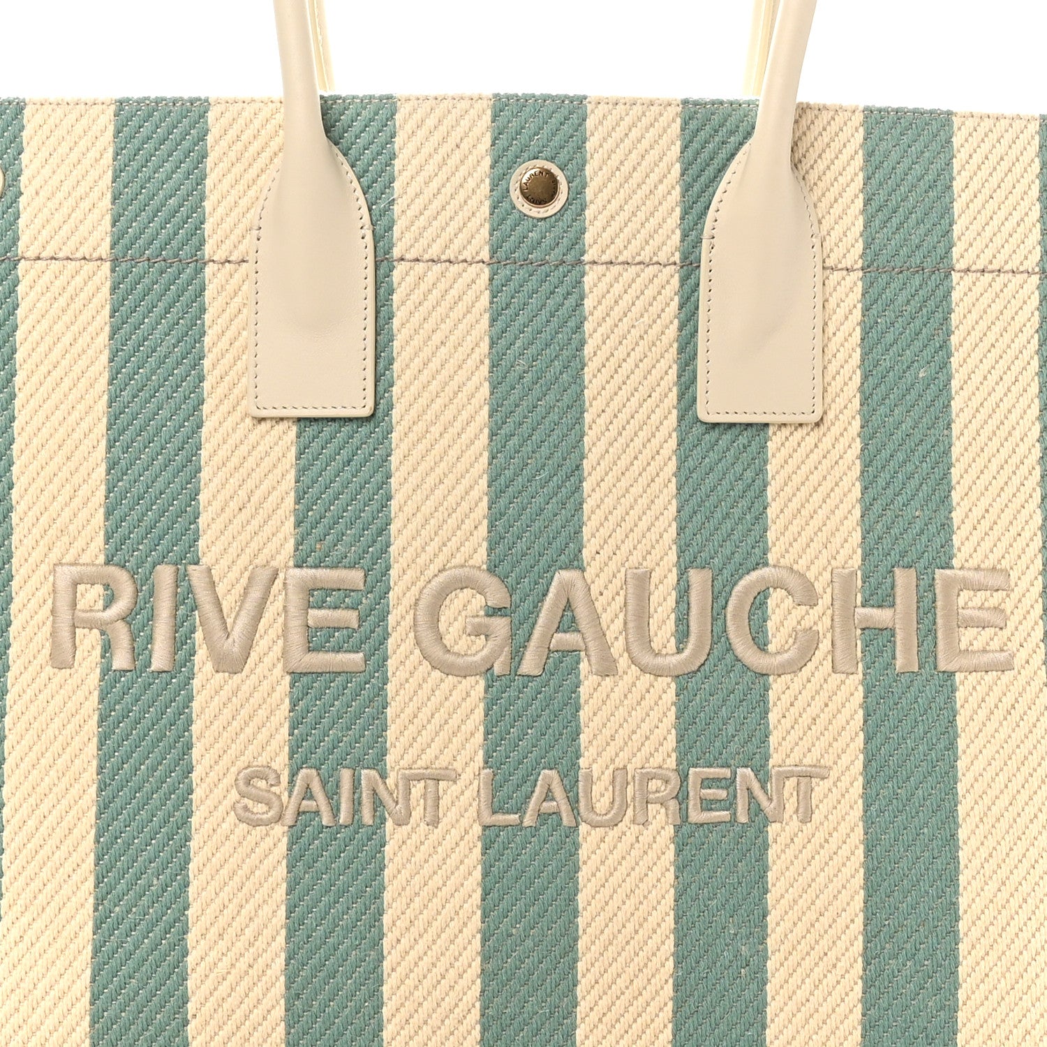 Saint Laurent Cotton Linen Calfskin Striped Rive Gauche Tote Water Green 8 of 10