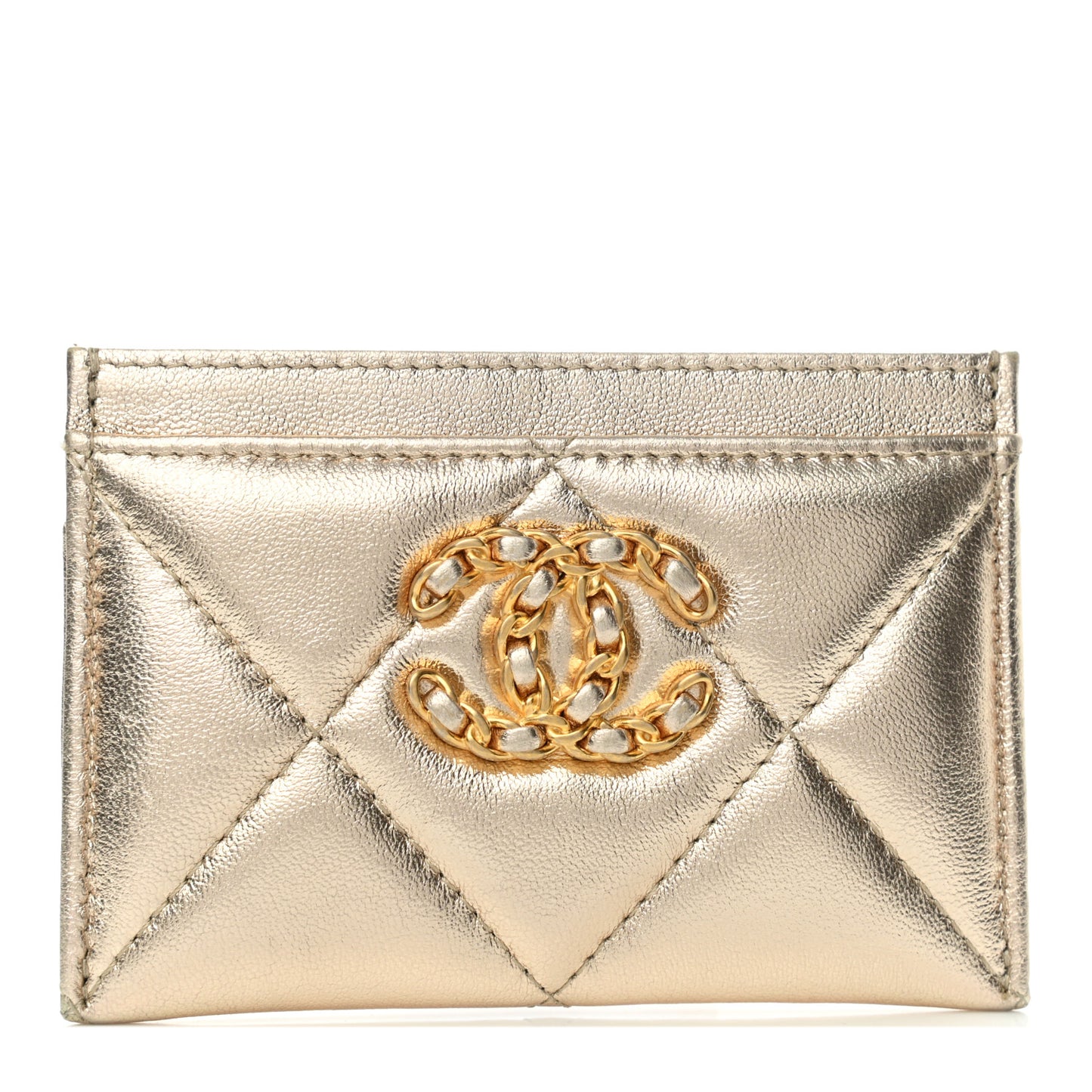 Metallic Goatskin Quilted Chanel 19 Card Holder Gold