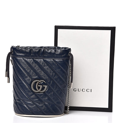 Gucci Vintage Effect Calfskin Matelasse Diagonal Mini Torchon GG Marmont 2.0 Bucket Bag Blue Agata Mystic White 12 of 12