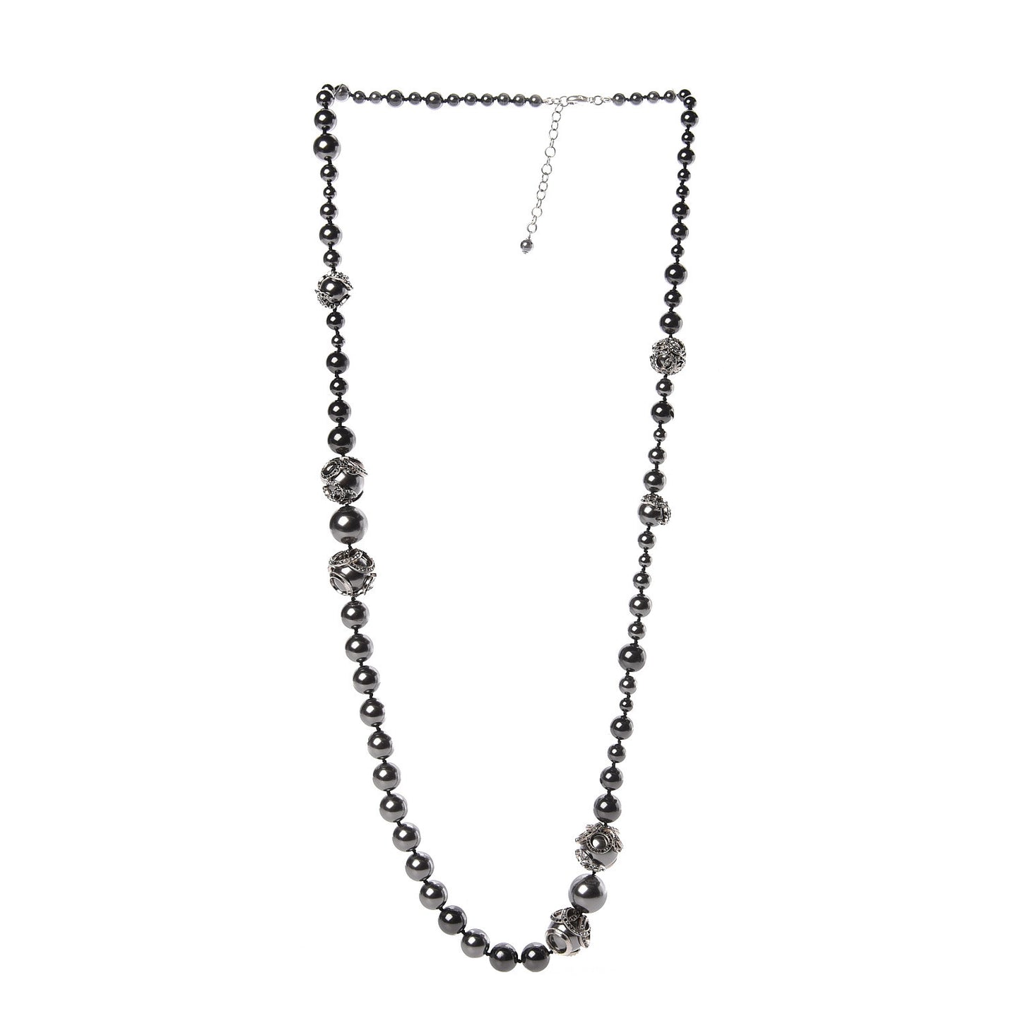 Ruthenium Pearl Beaded CC Long Necklace Black