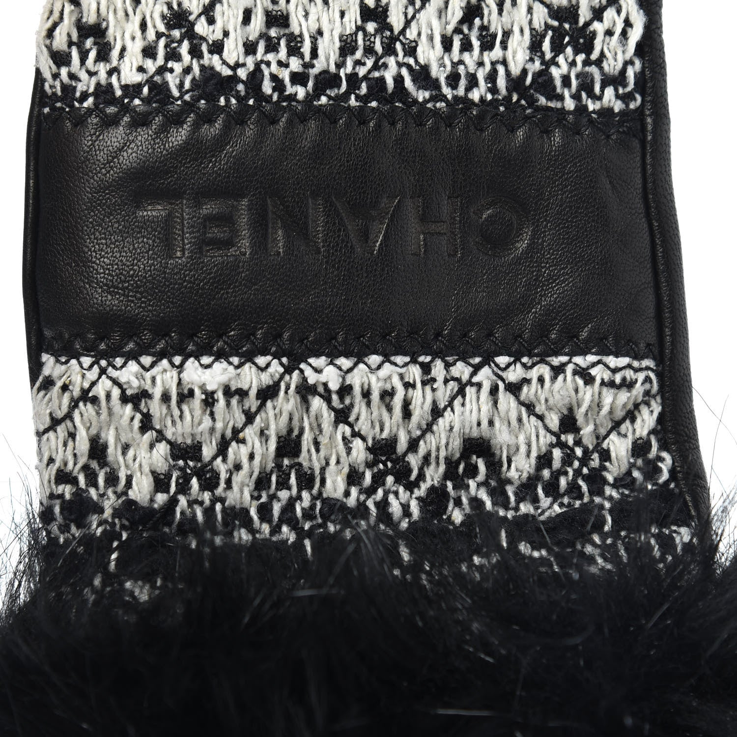 Chanel Lambskin Fur Tweed CC Gloves 7.5 Black 3 of 4