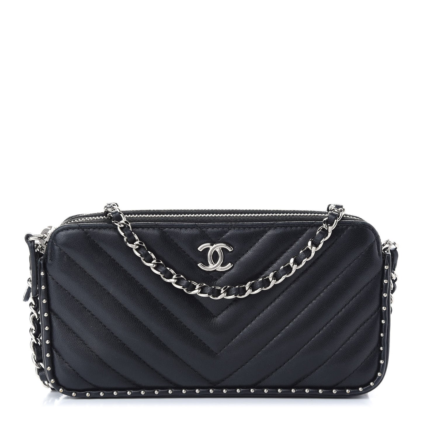 Lambskin Chevron Quilted Studded Small Clutch With Chain Black