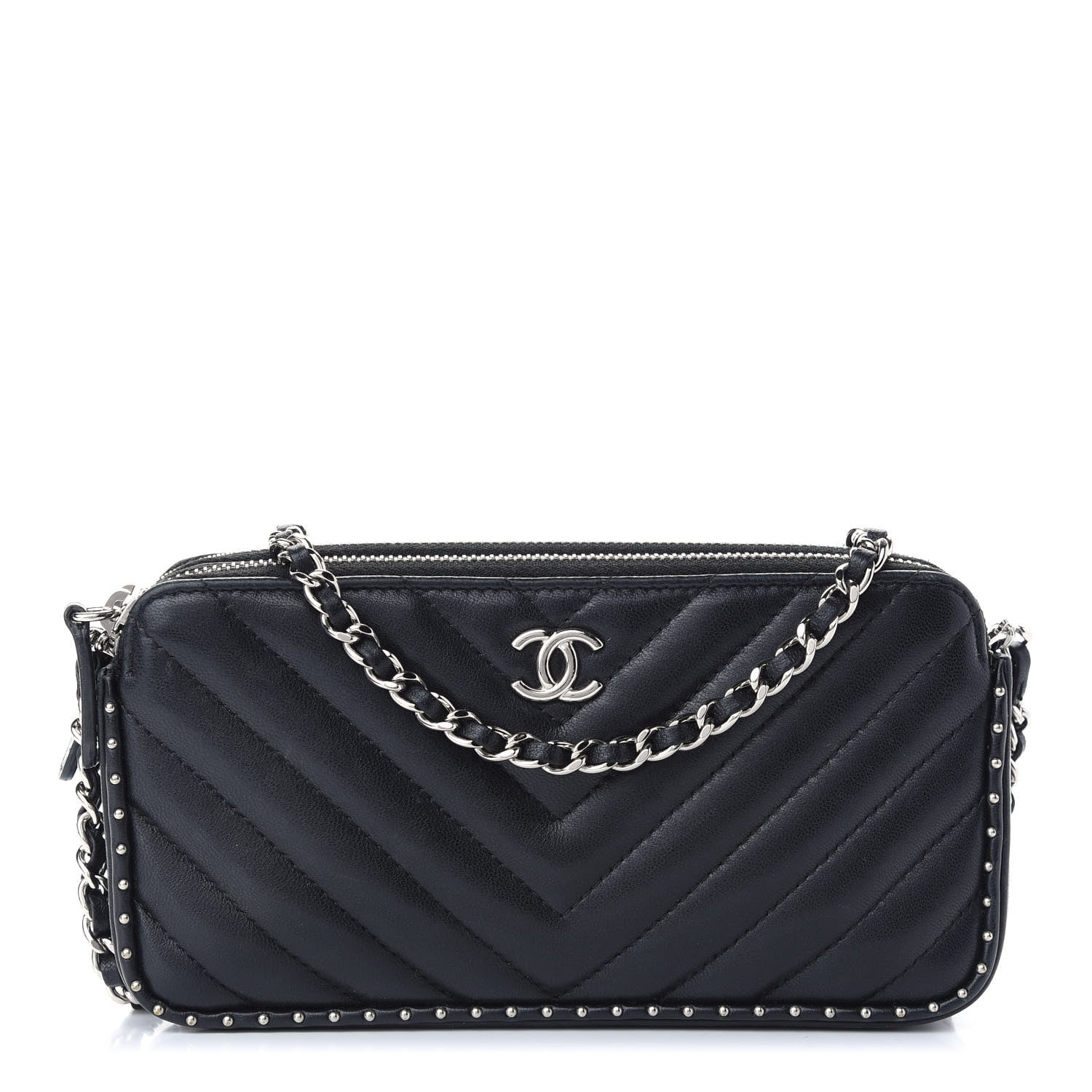 Chanel Lambskin Chevron Quilted Studded Small Clutch With Chain Black 1 of 10