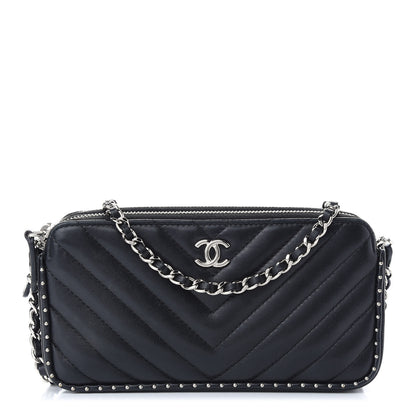 Chanel Lambskin Chevron Quilted Studded Small Clutch With Chain Black 1 of 10