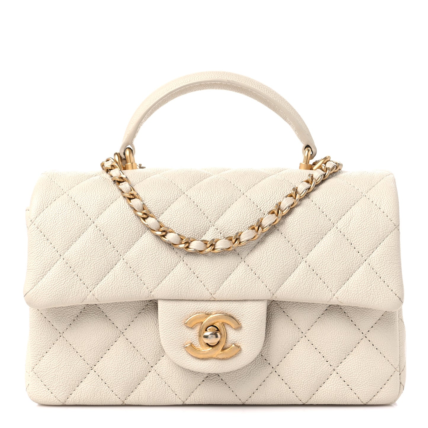 Caviar Quilted Mini Top Handle Rectangular Flap Beige