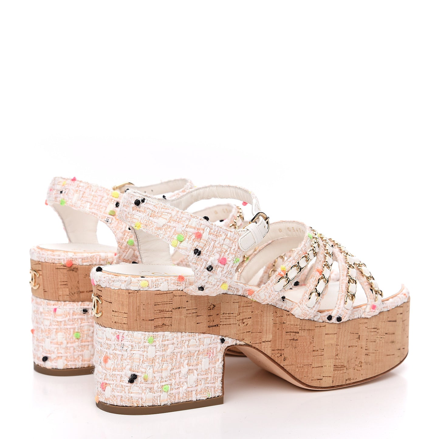 Tweed Chain Platform Sandals 41 Coral White