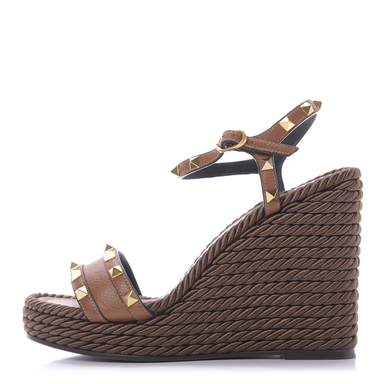 Valentino Garavani Calfskin Rockstud Torchon Espadrille 25/115mm Wedge Sandals 38 Cuoio 1 of 11