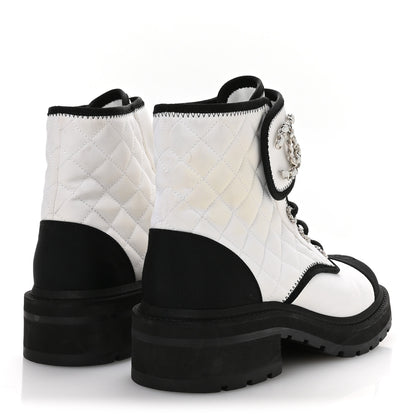 Chanel Fabric Grosgrain Quilted Cap Toe Lace Up Combat Boots 38.5 White Black 5 of 9
