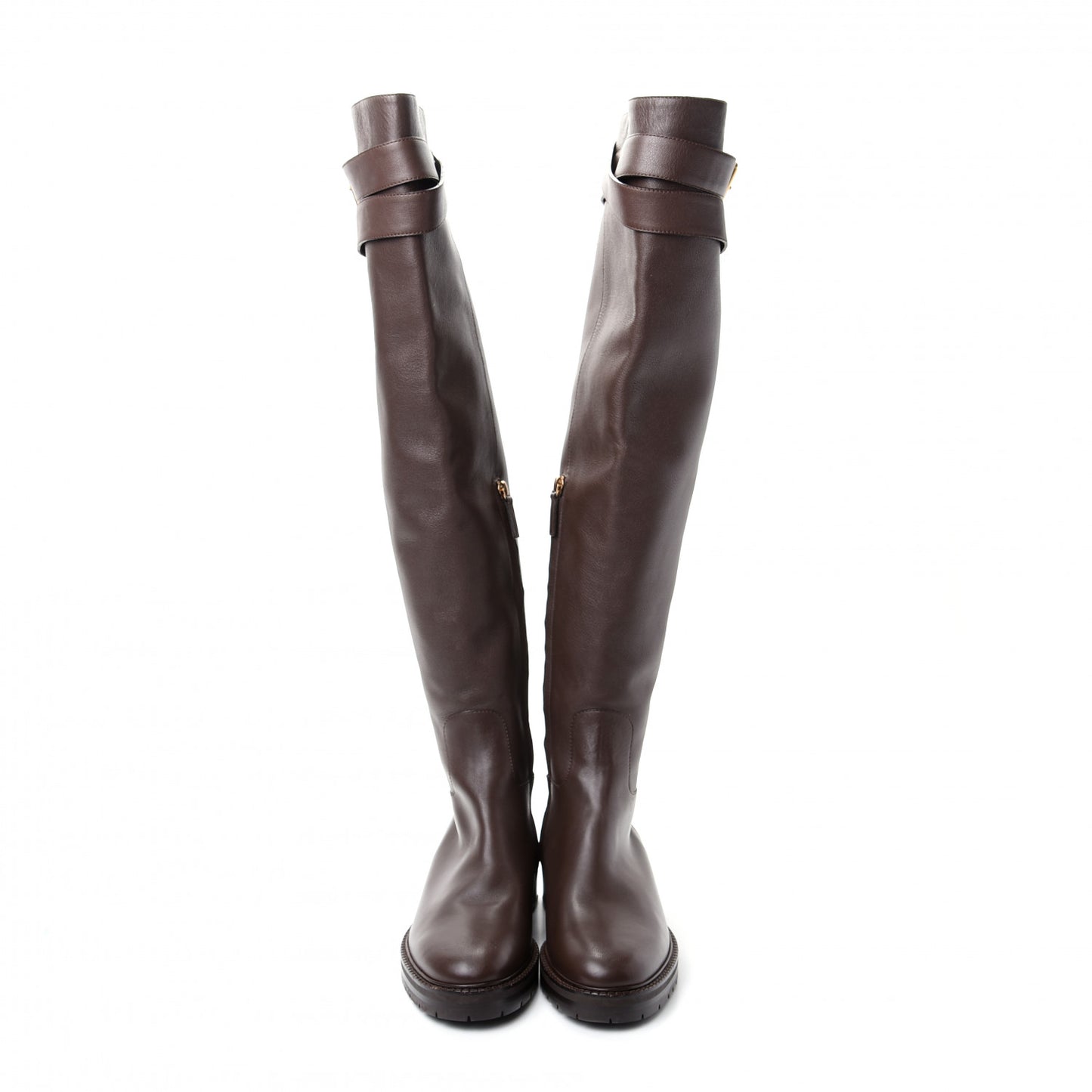 Calfskin Knee High Buckle Boots 40 Brown