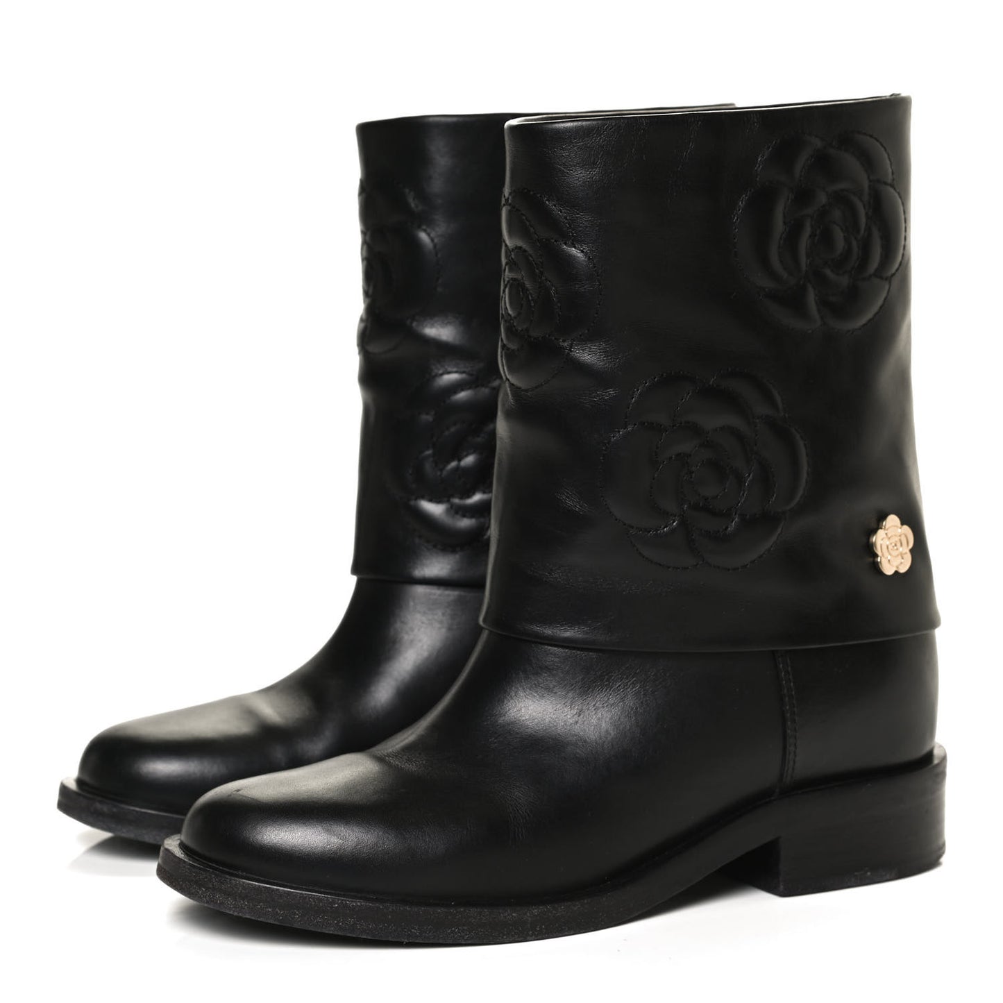 Calfskin Camellia Short Boots 38 Black