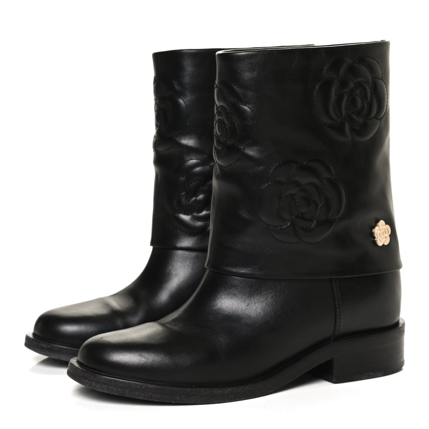 Chanel Calfskin Camellia Short Boots 38 Black 3 of 13