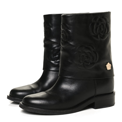 Chanel Calfskin Camellia Short Boots 38 Black 3 of 13