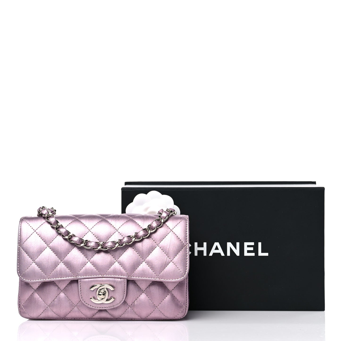 Metallic Calfskin Quilted Mini Rectangular Flap Pink
