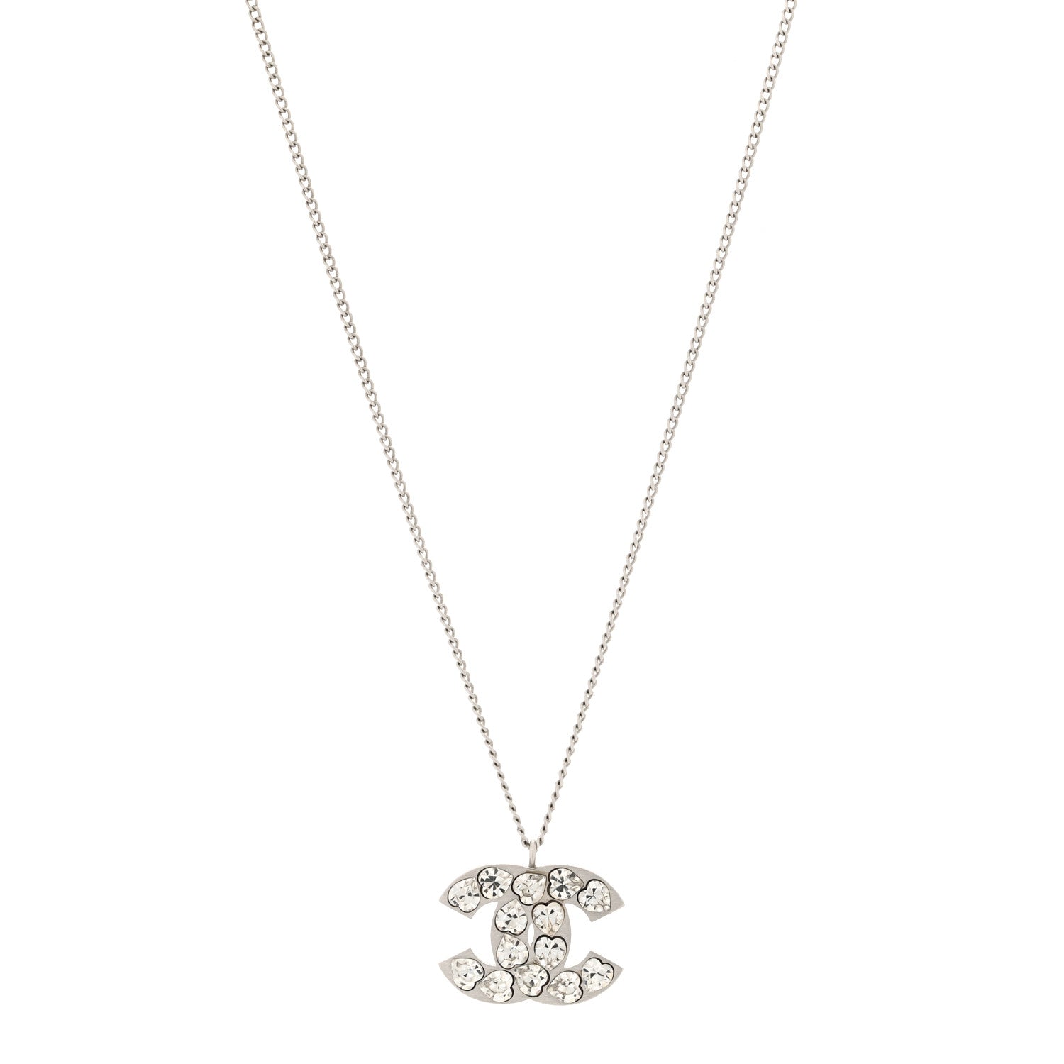 Chanel Crystal Heart CC Necklace Silver 1 of 6