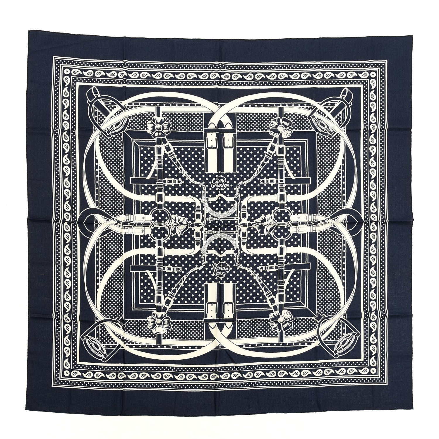 Hermes Silk Cashmere Grand Manege Bandana Shawl 140 Marine White 1 of 6