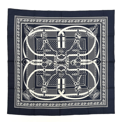 Hermes Silk Cashmere Grand Manege Bandana Shawl 140 Marine White 1 of 6