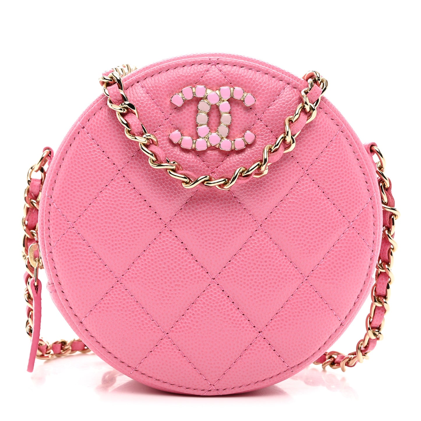 Caviar Quilted Crystal CC Round Clutch With Chain Pink