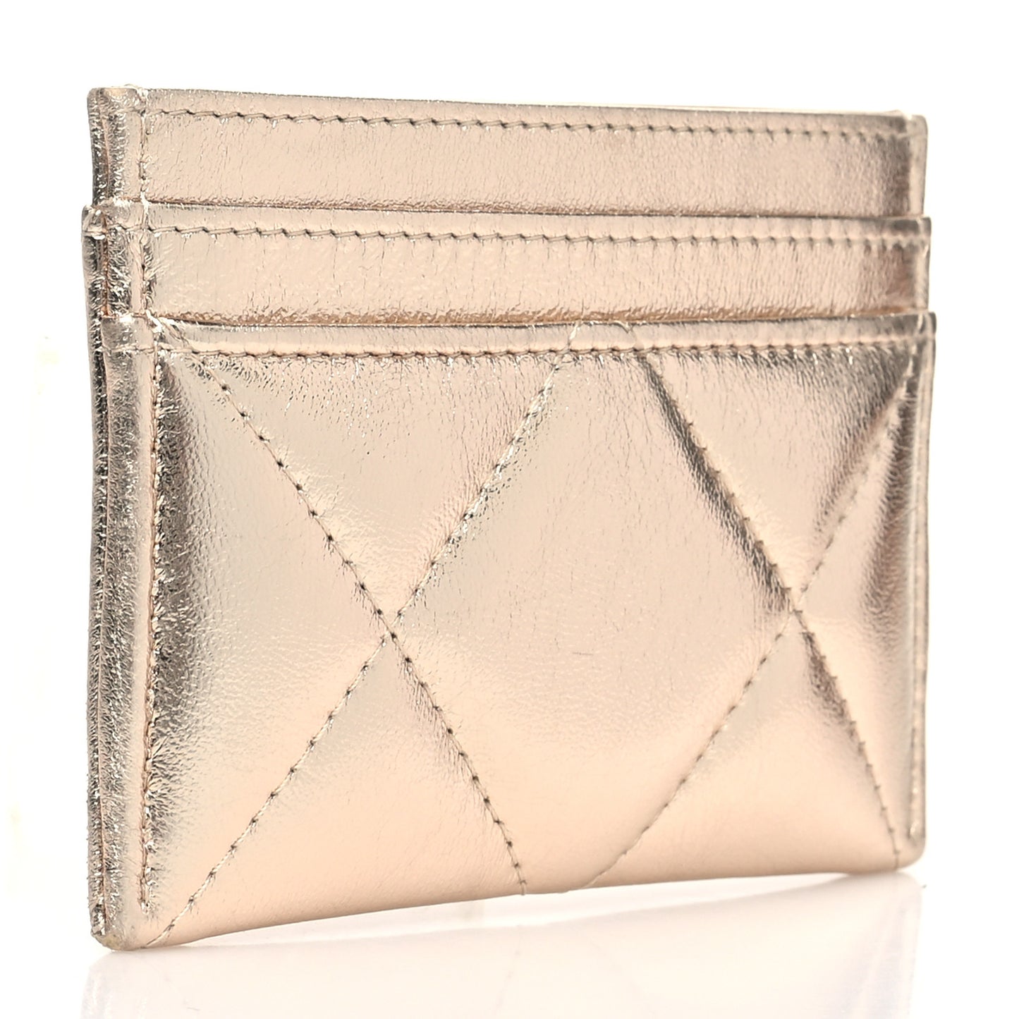 Metallic Lambskin Quilted Chanel 19 Card Holder Gold