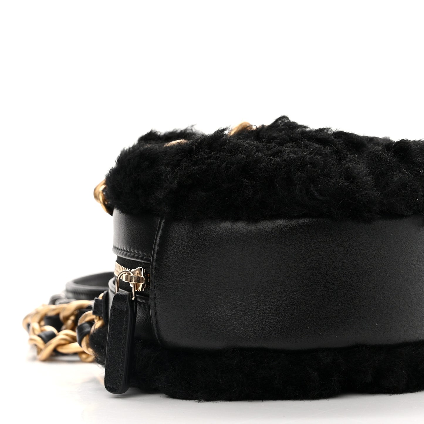 Shearling Sheepskin Chanel 19 Round Clutch With Chain Black