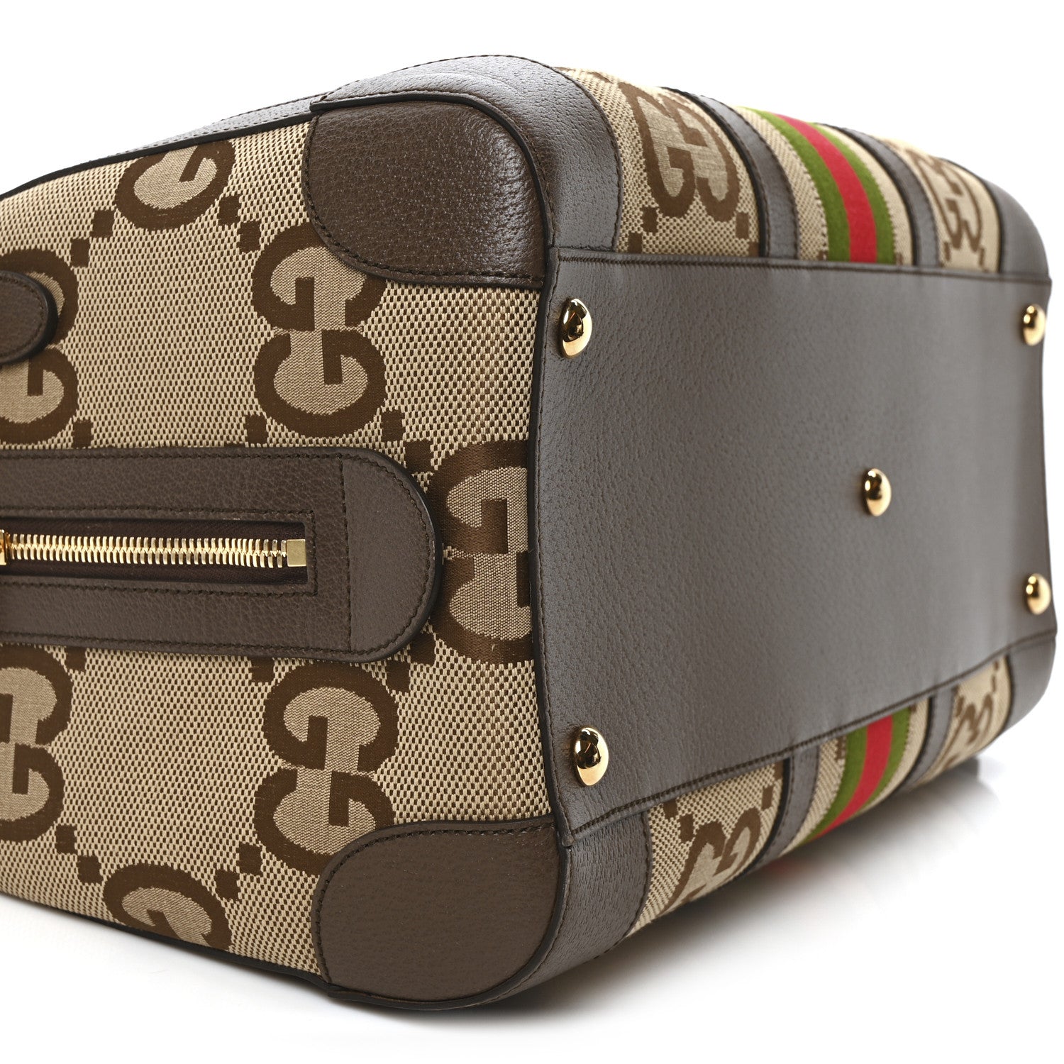 Gucci Monogram Jumbo GG Textured Dollar Calfskin Web Medium Duffle Bag Camel Ebony 9 of 10