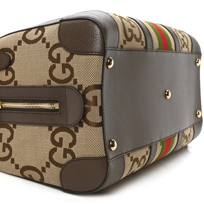 Gucci Monogram Jumbo GG Textured Dollar Calfskin Web Medium Duffle Bag Camel Ebony 9 of 10