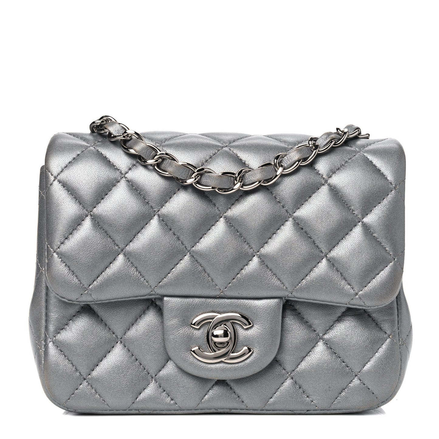 Metallic Lambskin Quilted Mini Square Flap Dark Silver