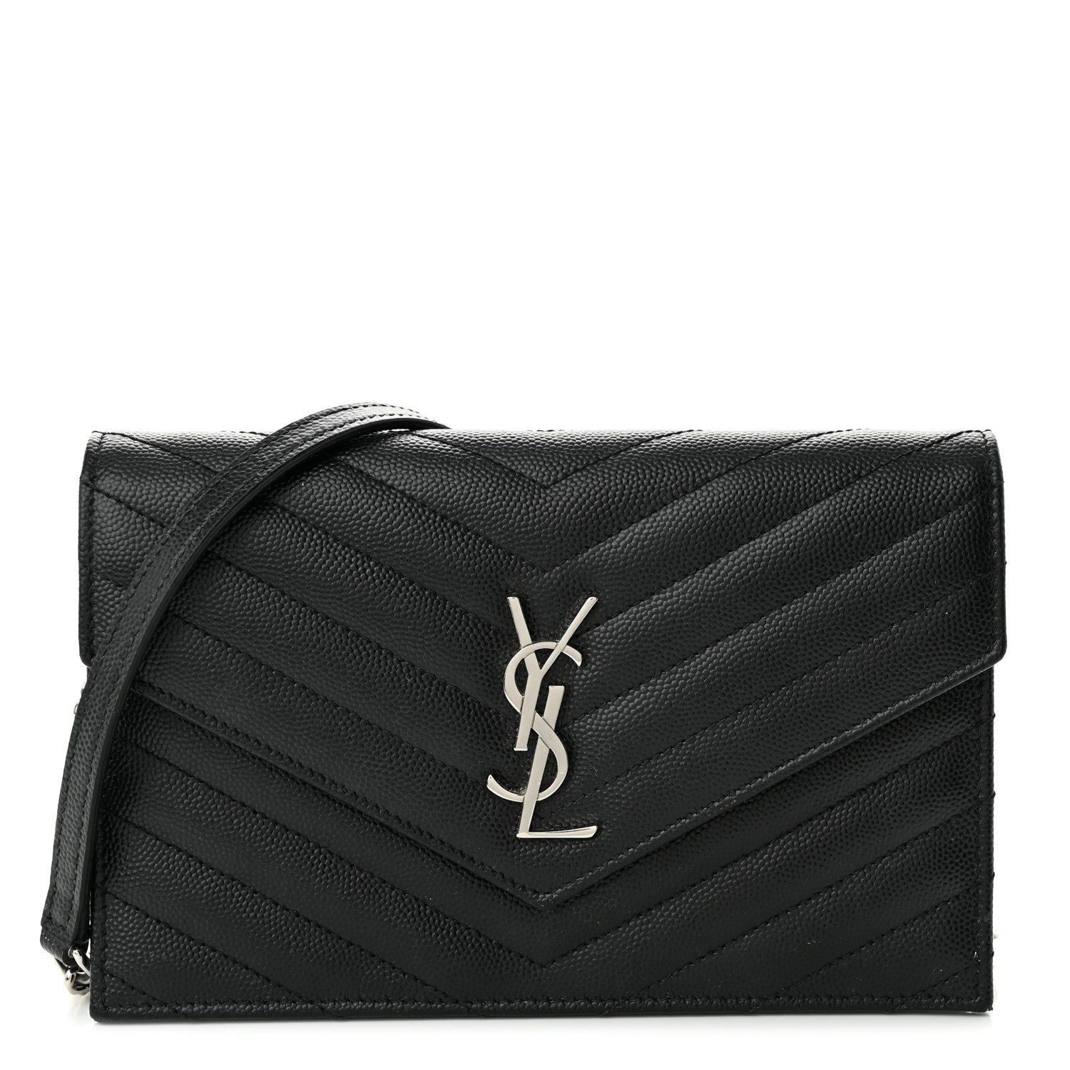 Saint Laurent Grain De Poudre Matelasse Chevron Monogram Envelope Chain Wallet Black 1 of 9