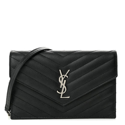 Saint Laurent Grain De Poudre Matelasse Chevron Monogram Envelope Chain Wallet Black 1 of 9