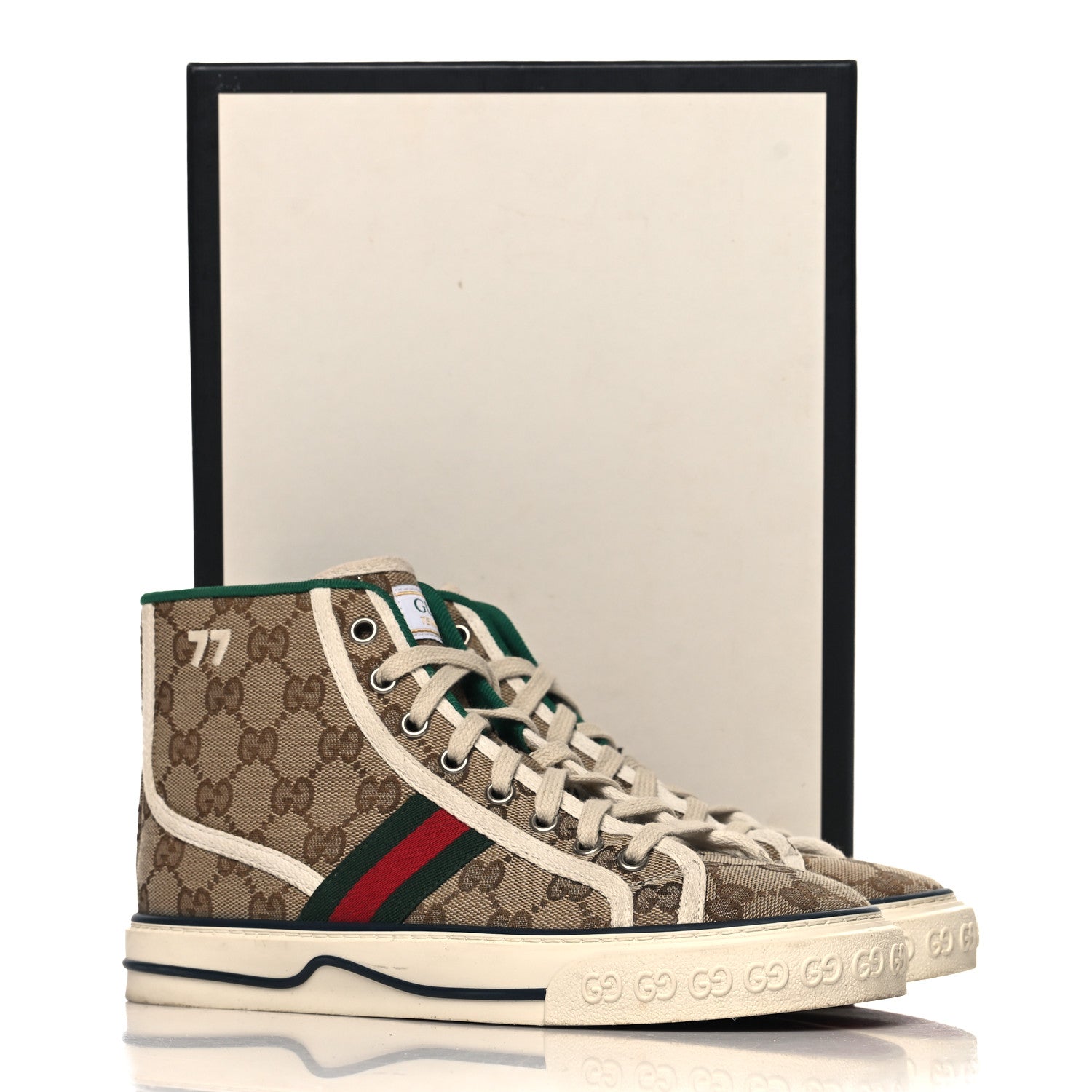 Gucci GG Monogram Web Womens 1977 Tennis High Top Sneakers 37 Beige Ebony Mystic White 9 of 9