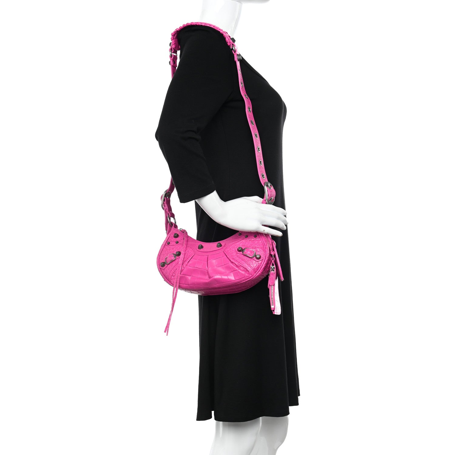 Balenciaga Extra Supple Calfskin Crocodile Embossed XS Le Cagole Shoulder Bag Lipstick Pink 2 of 12