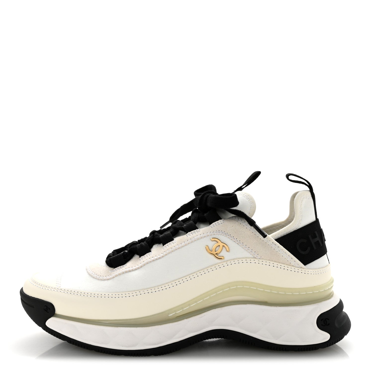 Chanel Velvet Calfskin Mixed Fibers CC Sneakers 37.5 Ivory Black 1 of 9