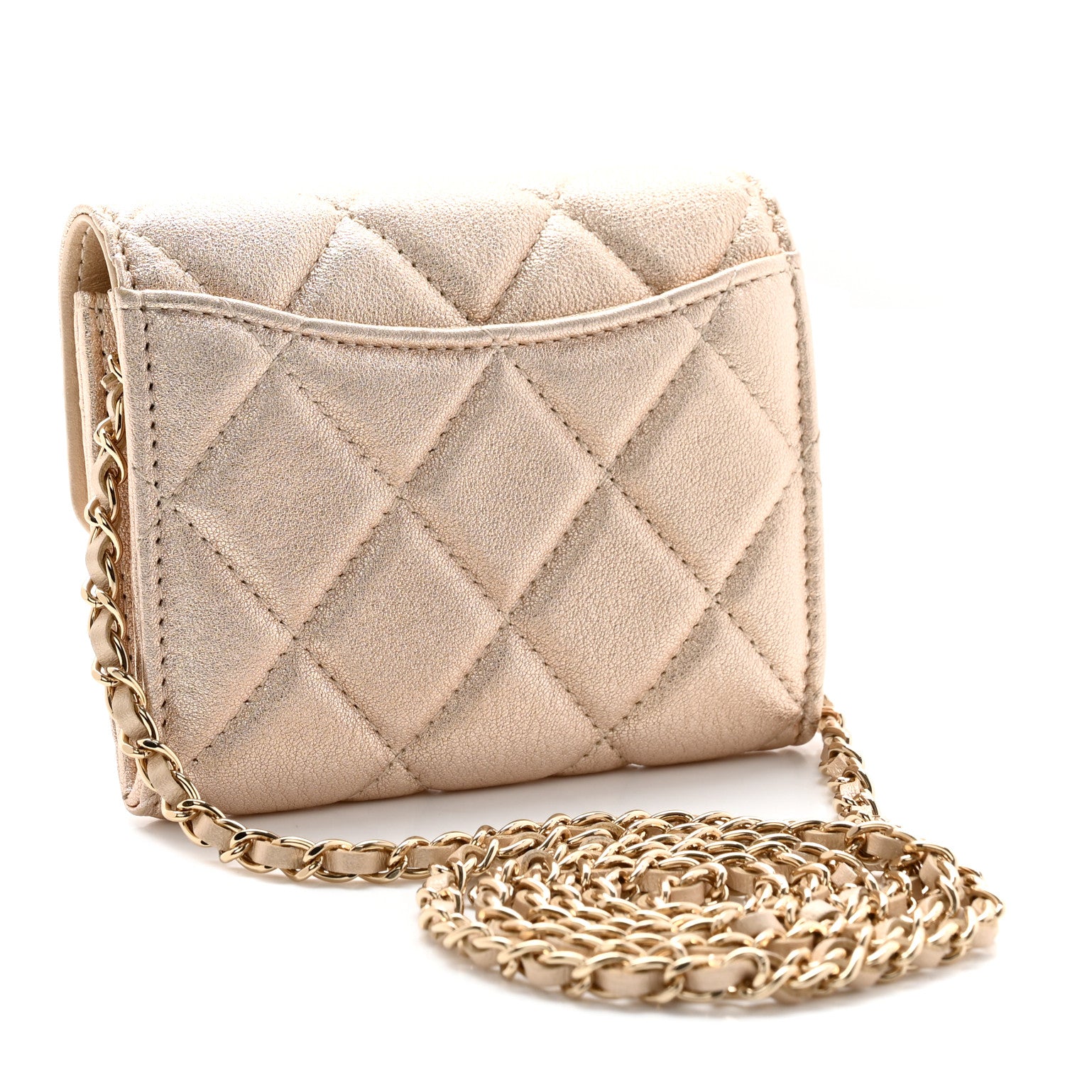 Chanel Metallic Lambskin Quilted Flap Card Holder On Chain Gold 3 of 9