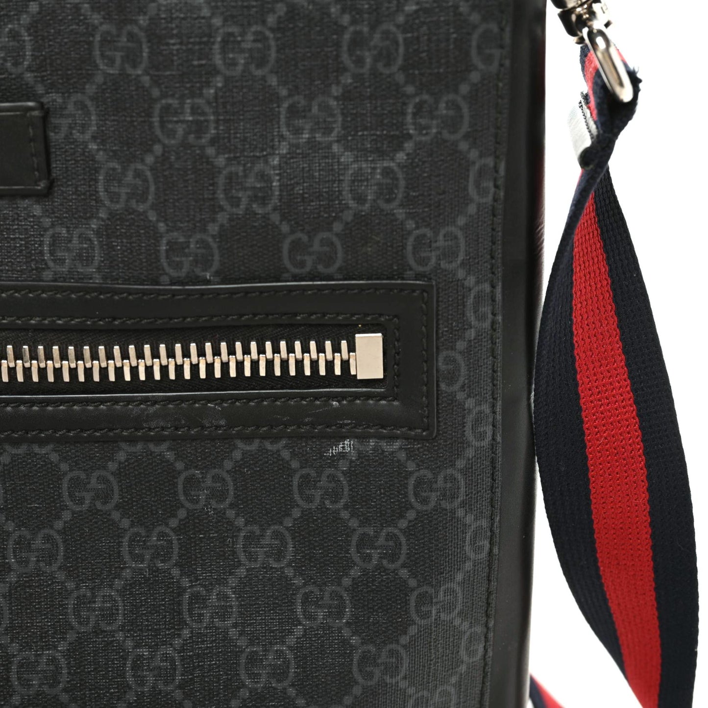 GG Supreme Monogram Appia Calfskin Web Flat Messenger Bag Black Grey