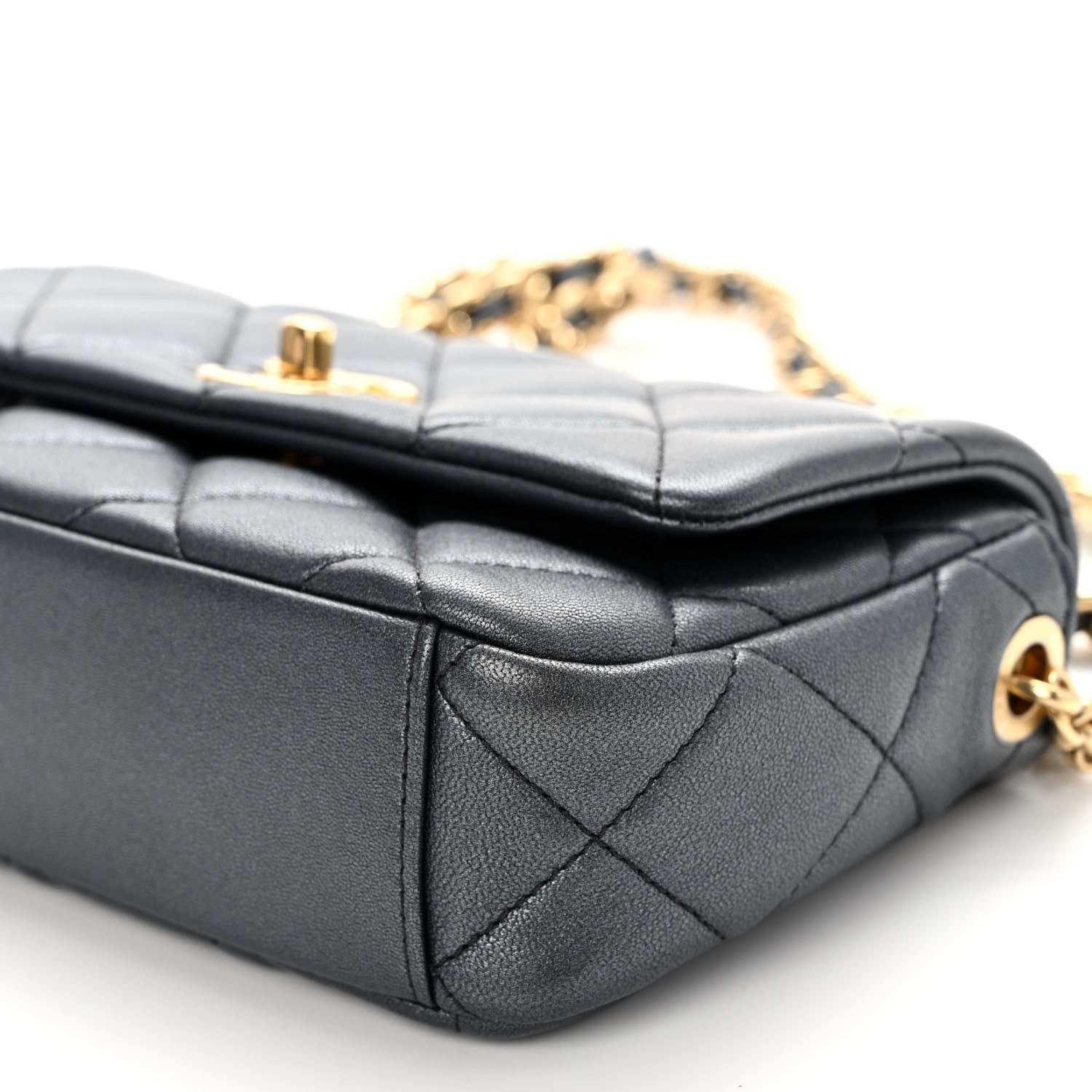 Chanel Metallic Lambskin Quilted Logo Charm Chain Flap Grey 10 of 10