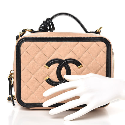 Chanel Caviar Quilted Medium CC Filigree Vanity Case Beige Black 3 of 9
