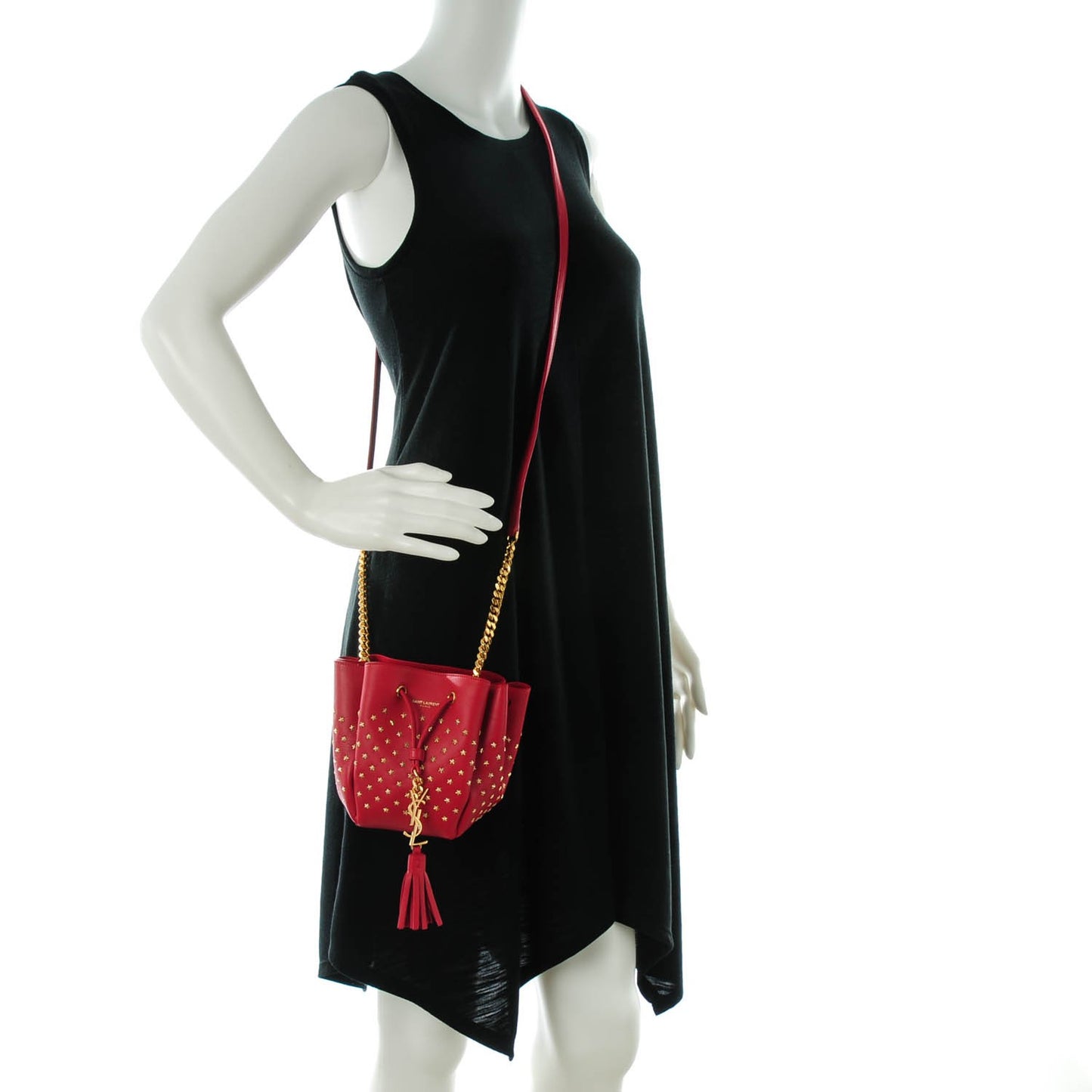 Calfskin Star Studded Small Monogram Bucket Bag Red