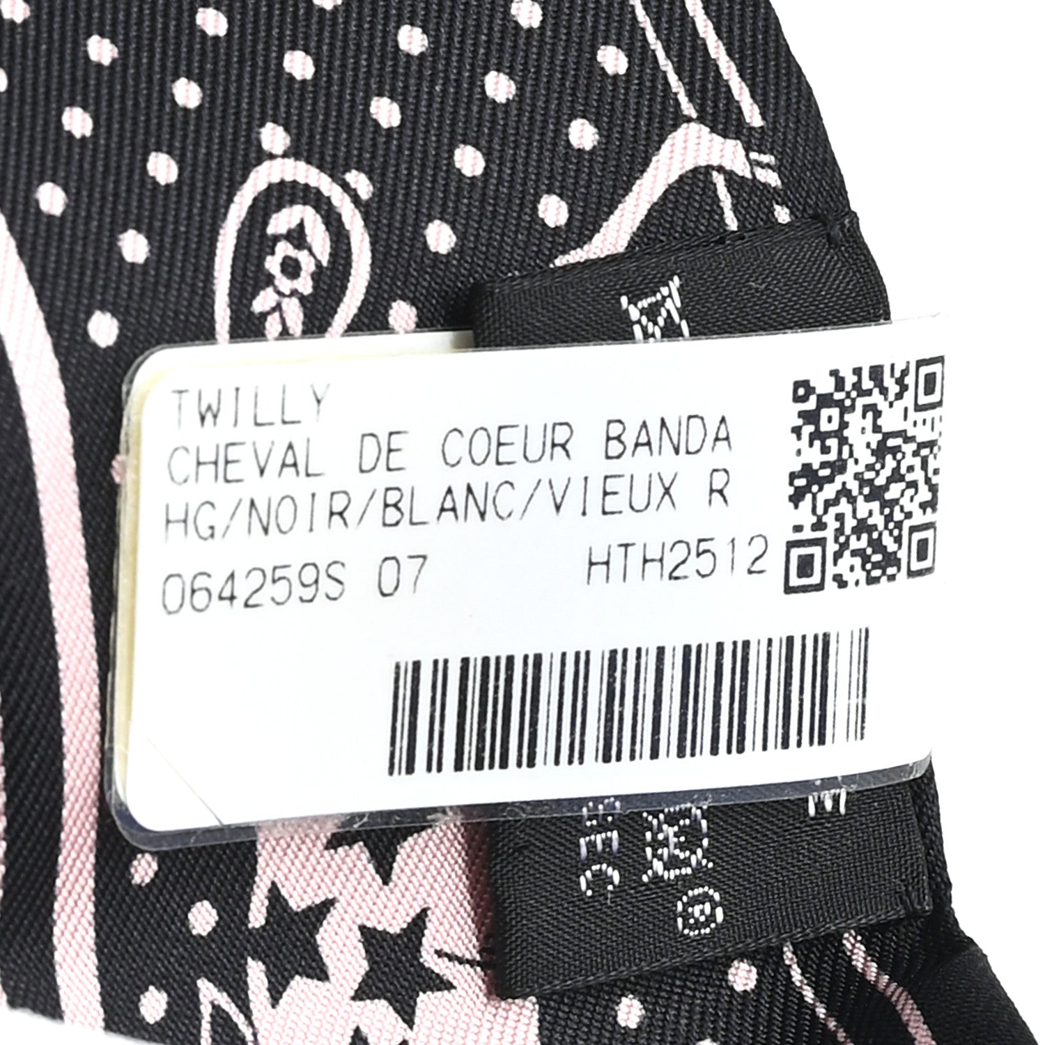 Hermes Silk Cheval De Coeur Bandana Twilly Black White Vieux Rose 3 of 4