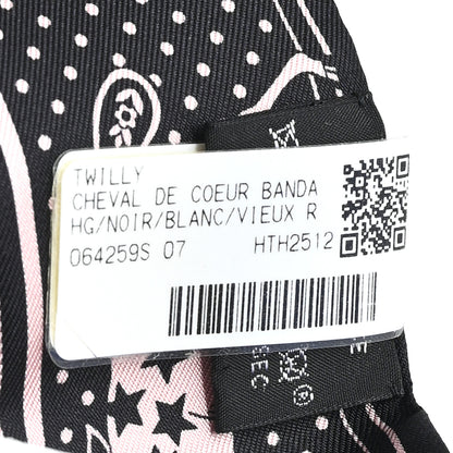 Hermes Silk Cheval De Coeur Bandana Twilly Black White Vieux Rose 3 of 4