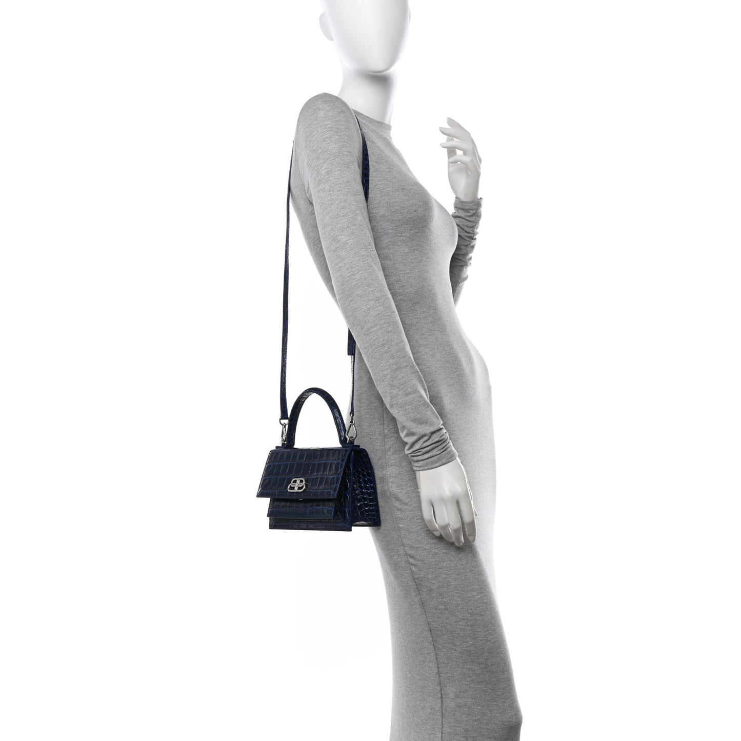 Shiny Calfskin Crocodile Embossed XS Sharp Top Handle Bag Navy