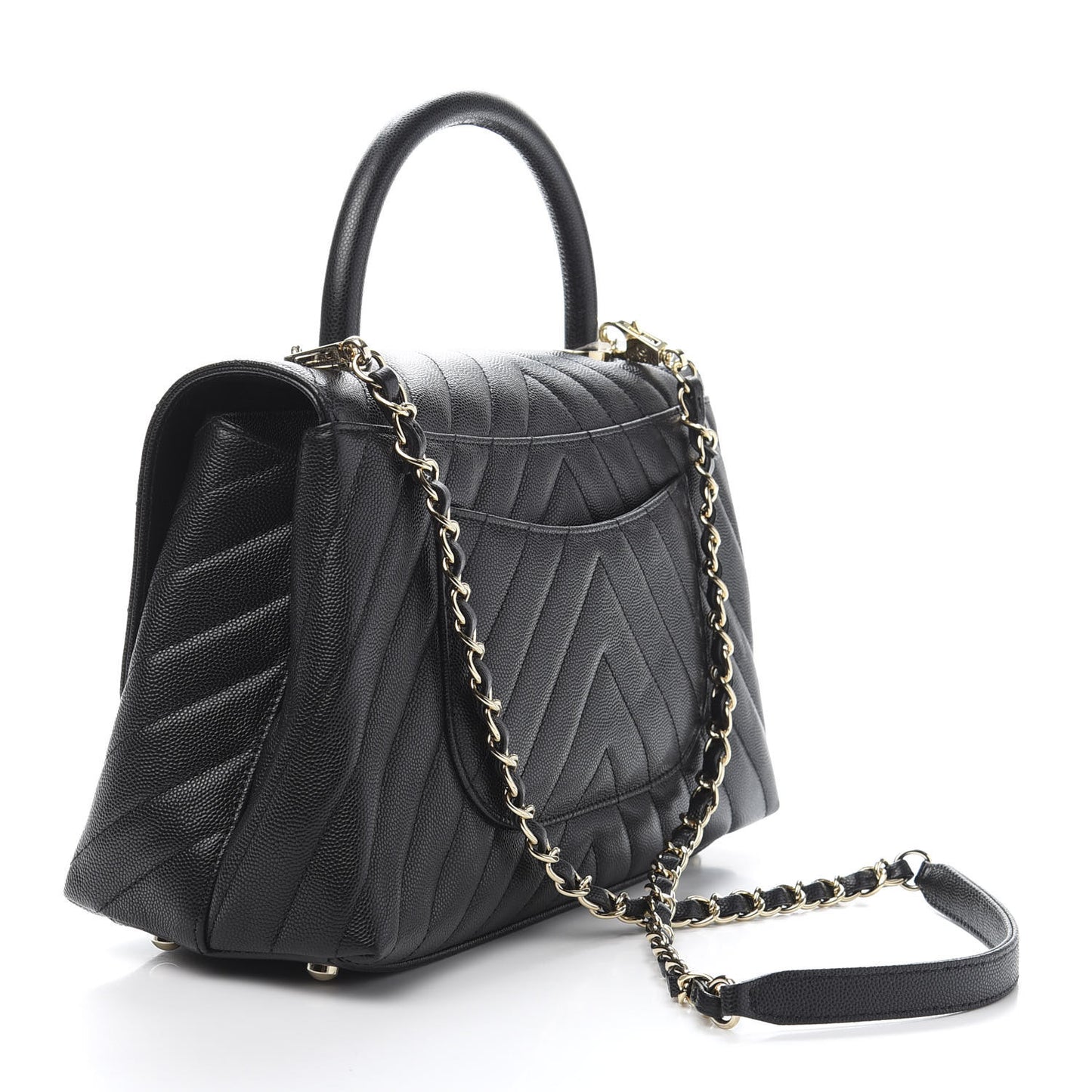 Caviar Chevron Quilted Small Coco Handle Flap Black