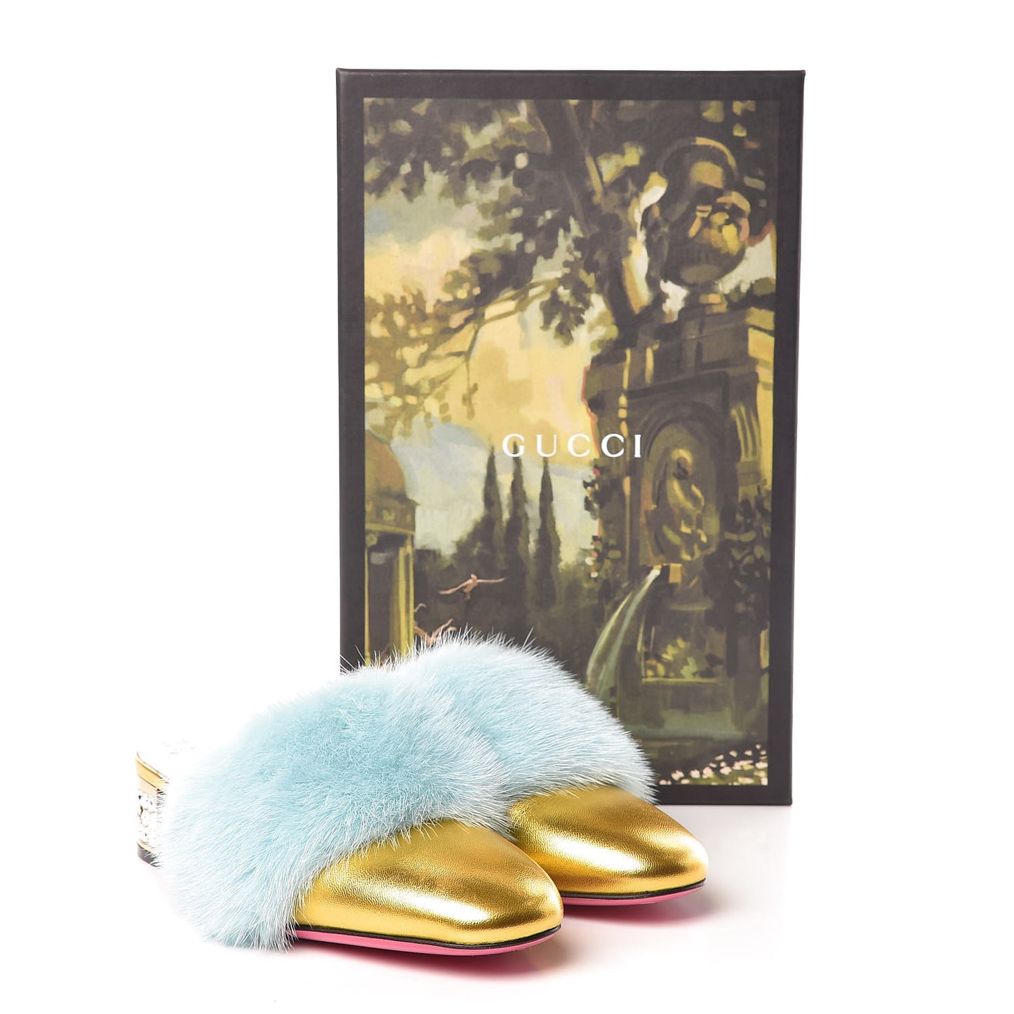 Mink Nappa Crystal Candy Mules 35.5 Vibrant Turquoise Gold