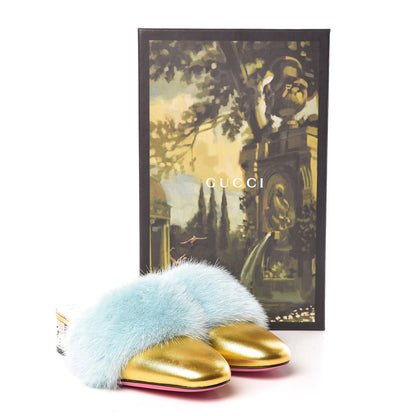 Gucci Mink Nappa Crystal Candy Mules 35.5 Vibrant Turquoise Gold 10 of 10