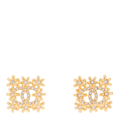 Chanel Metal Crystal CC Square Floral Earrings Gold 1 of 4