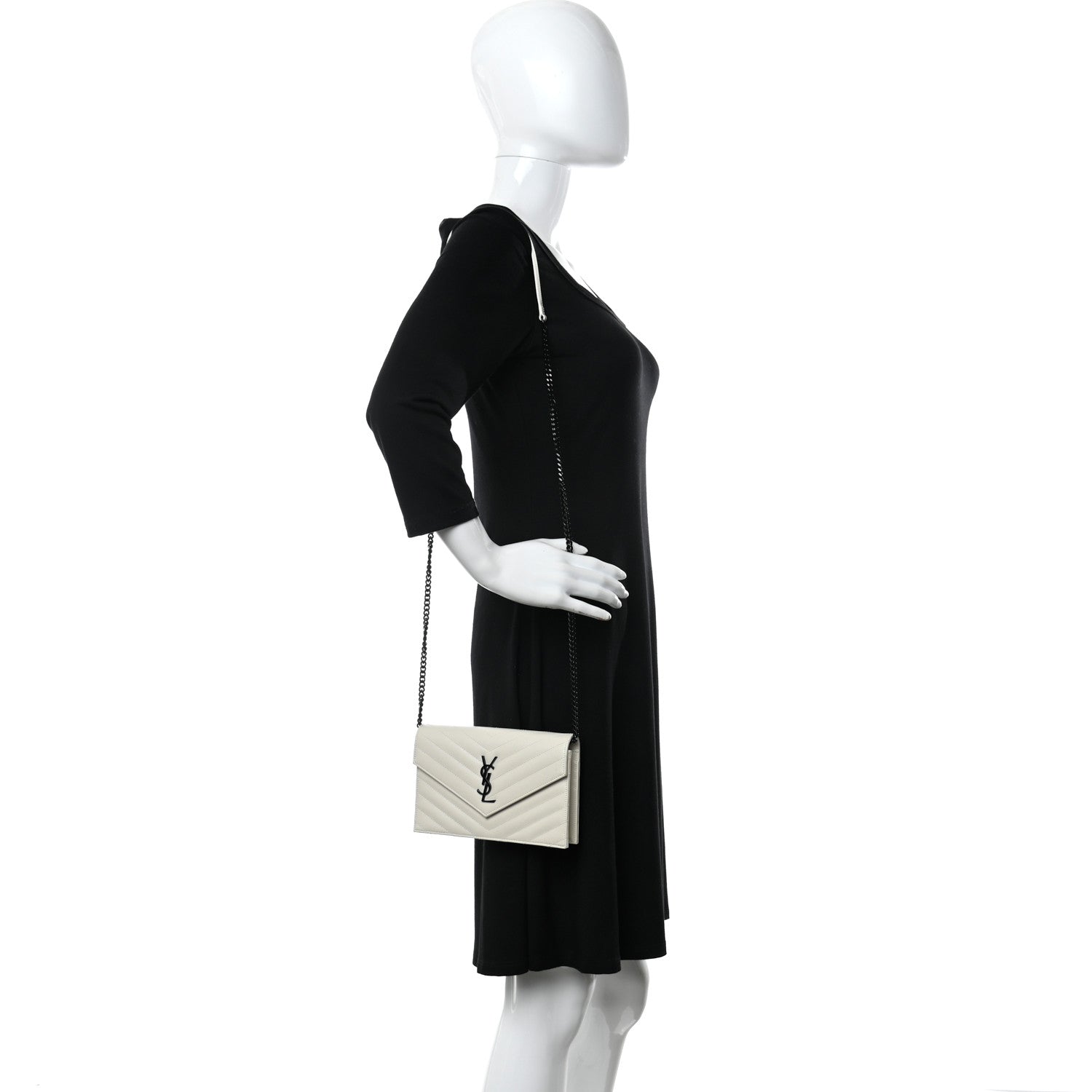 Saint Laurent Grain De Poudre Matelasse Chevron Monogram Envelope Chain Wallet Dove White 2 of 18