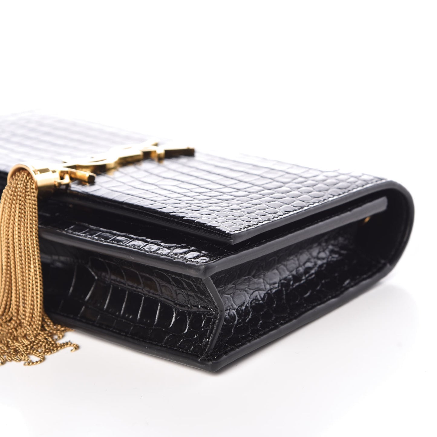 Calfskin Crocodile Embossed Kate Monogram Tassel Chain Wallet Black
