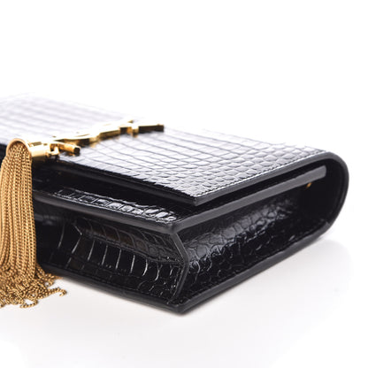 Saint Laurent Calfskin Crocodile Embossed Kate Monogram Tassel Chain Wallet Black 8 of 9