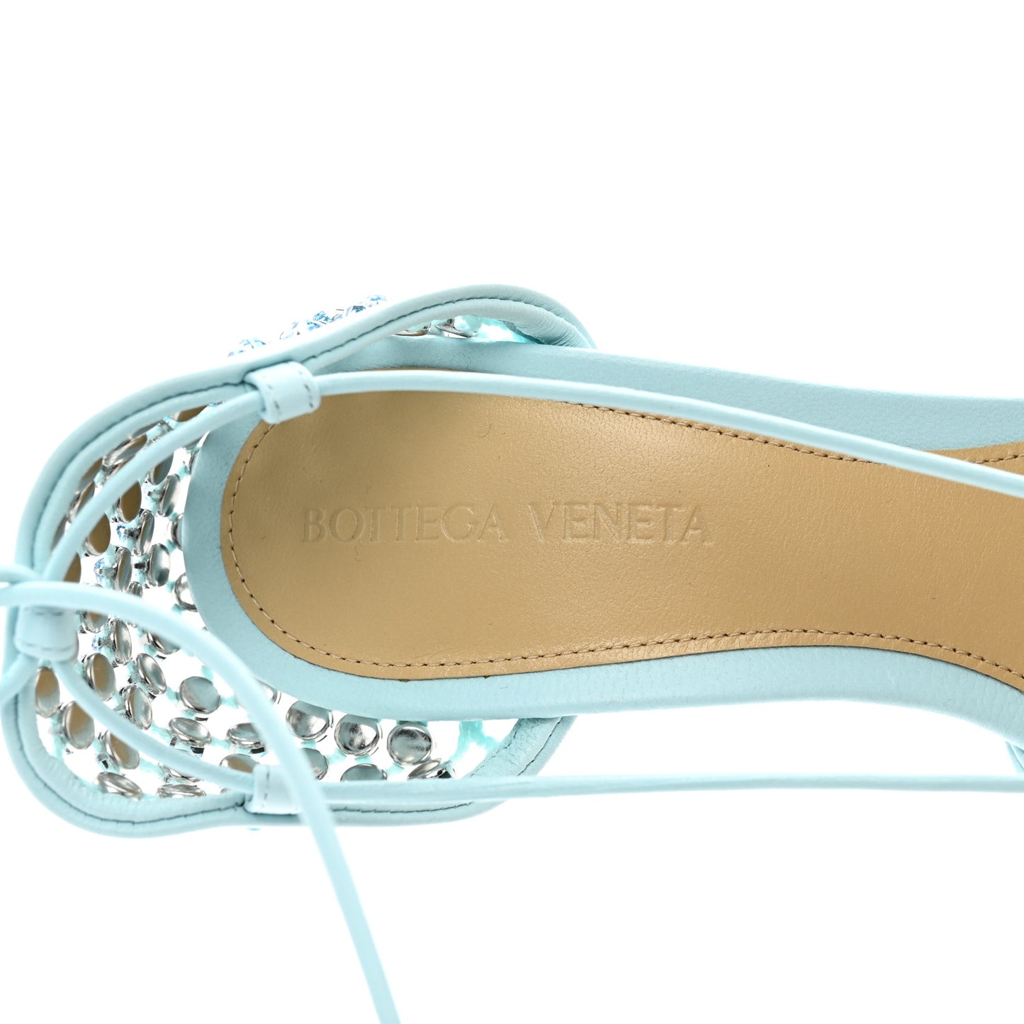 Mesh Nappa Crystal Embellished Sparkle Stretch Ankle Tie Sandals 37.5 Pale Blue