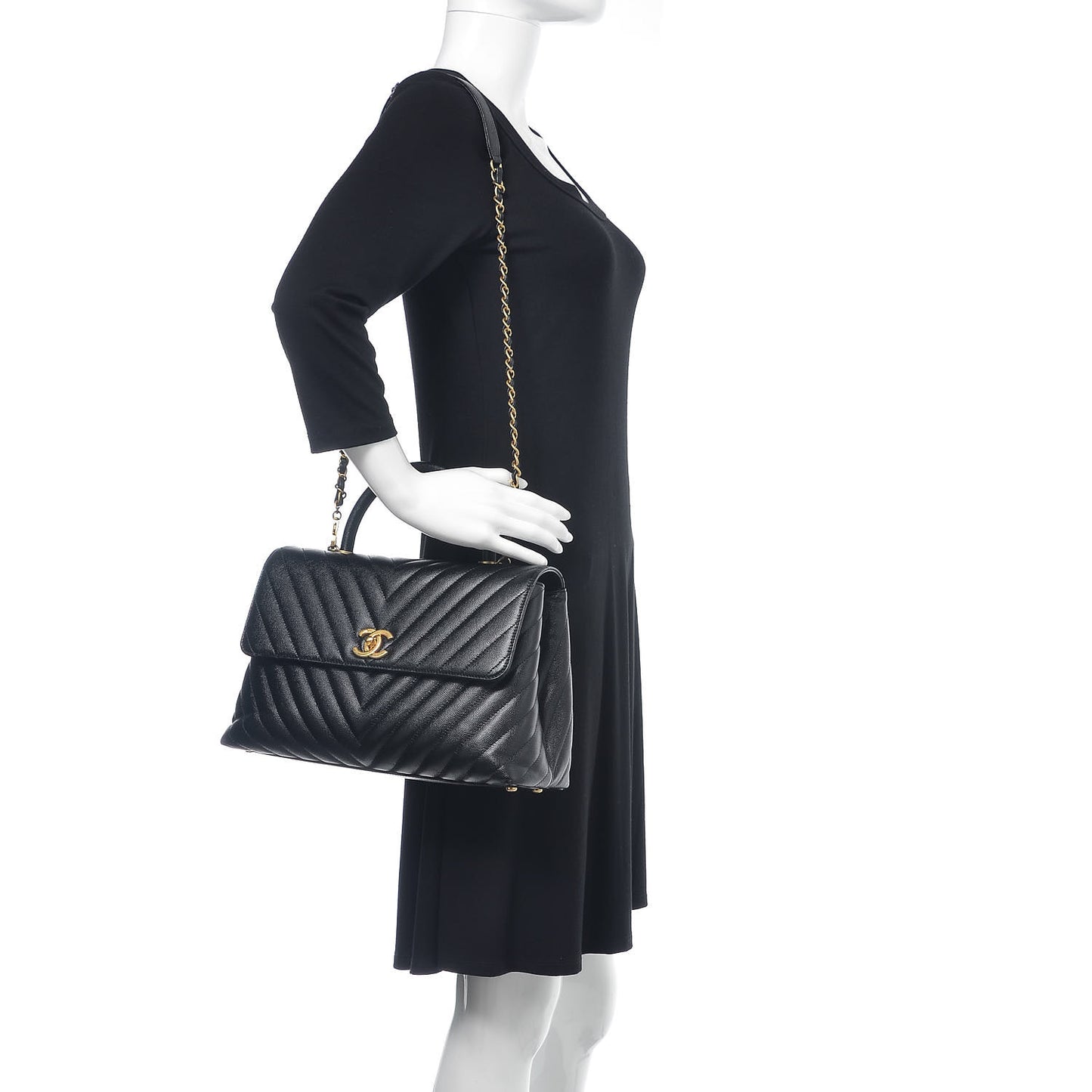 Caviar Chevron Quilted Medium Coco Handle Flap Black