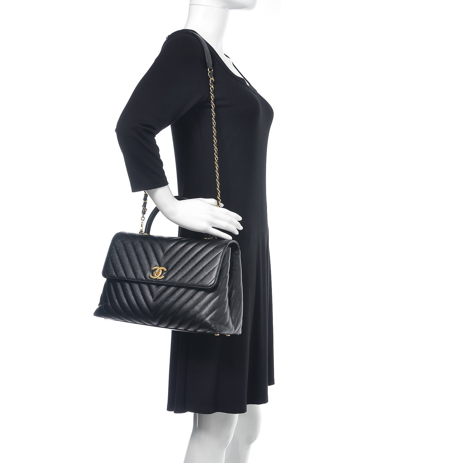 Chanel Caviar Chevron Quilted Medium Coco Handle Flap Black 2 of 13